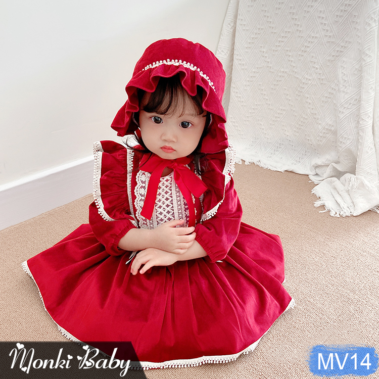 Váy nhung lót lông bé gái dáng babydoll kèm mũ tiểu thư dễ thương, đầm mặc Tết, sinh nhật, sự kiện, chất siêu đẹp | MV14