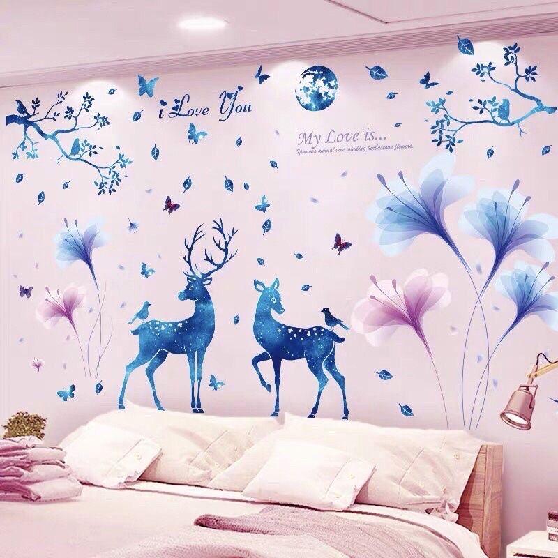 Decal dán tường đôi nai xanh và pha lê tím