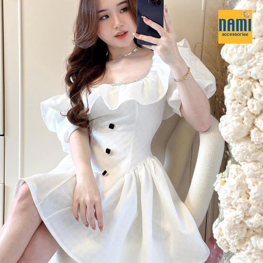 Đầm xoè trễ vai nhúng bèo tay phồng kết đá Nanami chất liệu bố karo form dáng tiểu thư xinh xắn điệu đà nổi bật- ATNU063