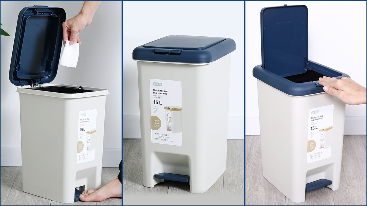 [Loại Kèm Ruột] Thùng rác đạp chữ nhật Hiro 15L (Tặng kèm Sticker) - Chính Hãng INOCHI