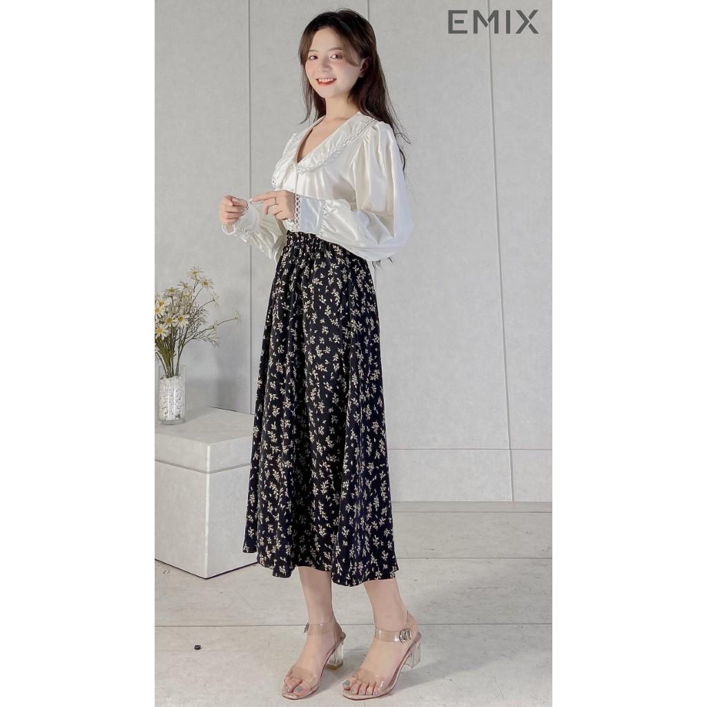 Chân váy nữ hoa nhí hoa đen EMIX , ulzzang, dáng dài, cạp chun, vải lụa mềm, co giãn, 1 lớp nhưng không lộ