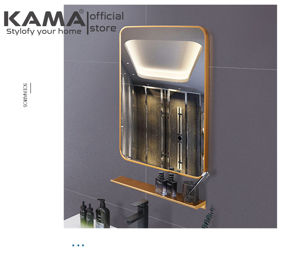 Gương Soi Phòng Tắm Treo Tường Vuông 50x70cm KAMA GS03, Bộ Gương Soi Mặt Nhà Tắm Và Kệ Để Đồ Trang Điểm Phong Cách Bắc Âu Tối Giản Mới