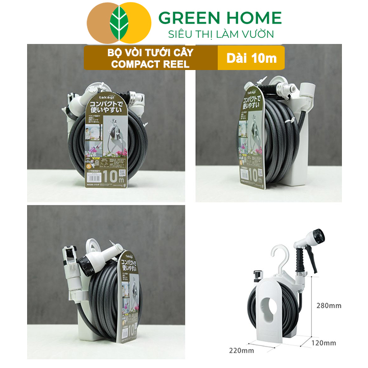 Bộ Ống Tưới Takagi Compact Reel GreenHone, Dài 10m, Treo Tường, Thiết Kế Gọn Nhẹ, Đa Năng Từ Nhật Bản