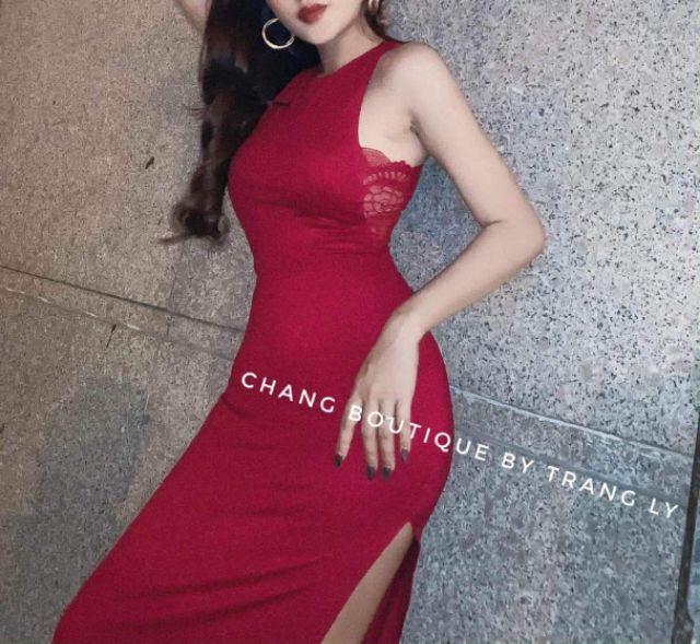 đầm maxi 3 lỗ phối ren xẻ tà