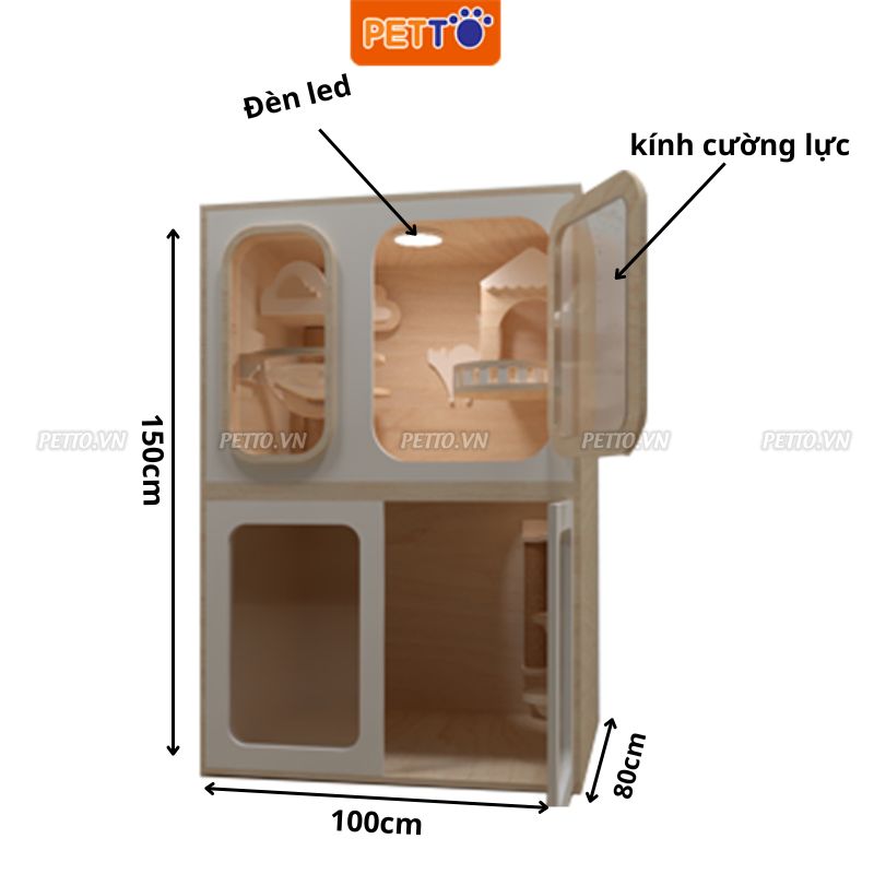 Tủ mèo - tủ gỗ cho mèo bằng gỗ 2 TẦNG nhiều đồ chơi có hệ thống ĐÈN LED cao cấp dành cho 1-2 bé mèo CC020