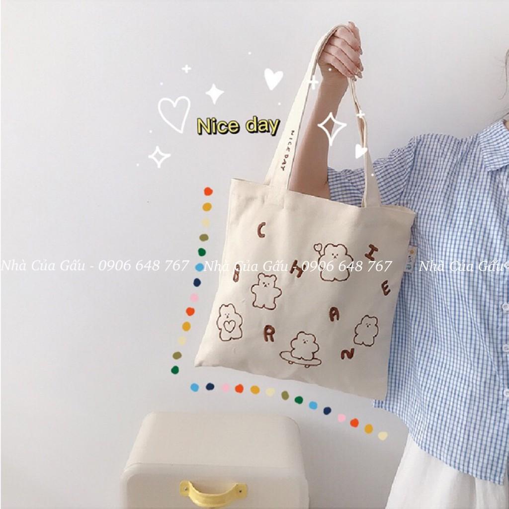 Túi xách tote vải canvas xịn hình gấu kèm chữ siêu đẹp