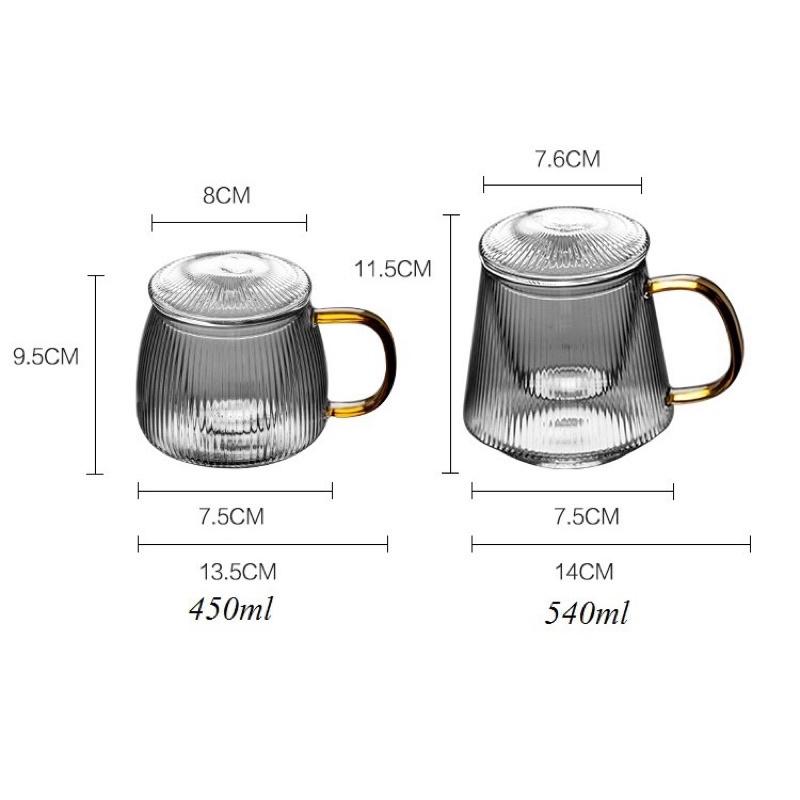 Cốc lọc trà Vân sọc có nắp, Cốc pha trà thủy tinh có quai có lõi lọc, thủy tinh chịu nhiệt borosilicate cao cấp