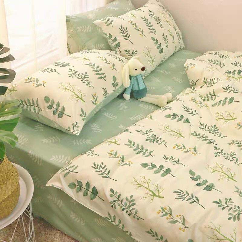 Bộ Chăn Ga gối Cotton Living 100%cotton Hàng Nhập Khẩu Cao Cấp 4 Món Mẫu Xanh Lá