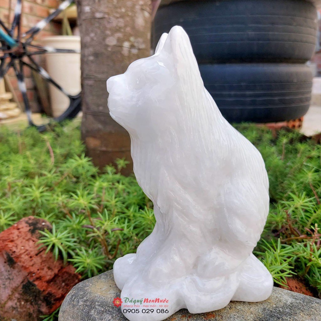 Tượng đá mèo 12 con giáp phong thủy đá trắng 15cm đá Non Nước