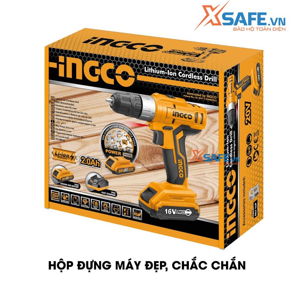 Máy khoan pin INGCO CDLI1611 dùng pin Lithium 16.8V nhông cơ khí 2 tốc độ Tặng kèm 1 pin và 1 sạc, có đèn LED