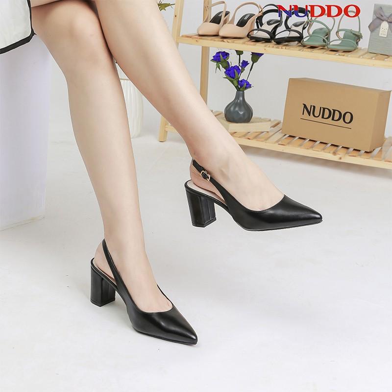 Giày slingback cao gót nữ Nuddo cao cấp gót vuông mũi nhọn 7p da mềm fom dáng chuẩn