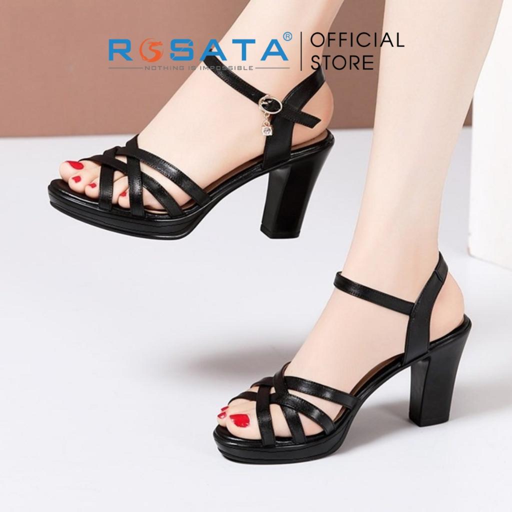 Giày sandal cao gót nữ ROSATA RO387 xỏ ngón mũi tròn phối dây mảnh quai hậu cài khóa gót cao 8cm xuất xứ Việt Nam