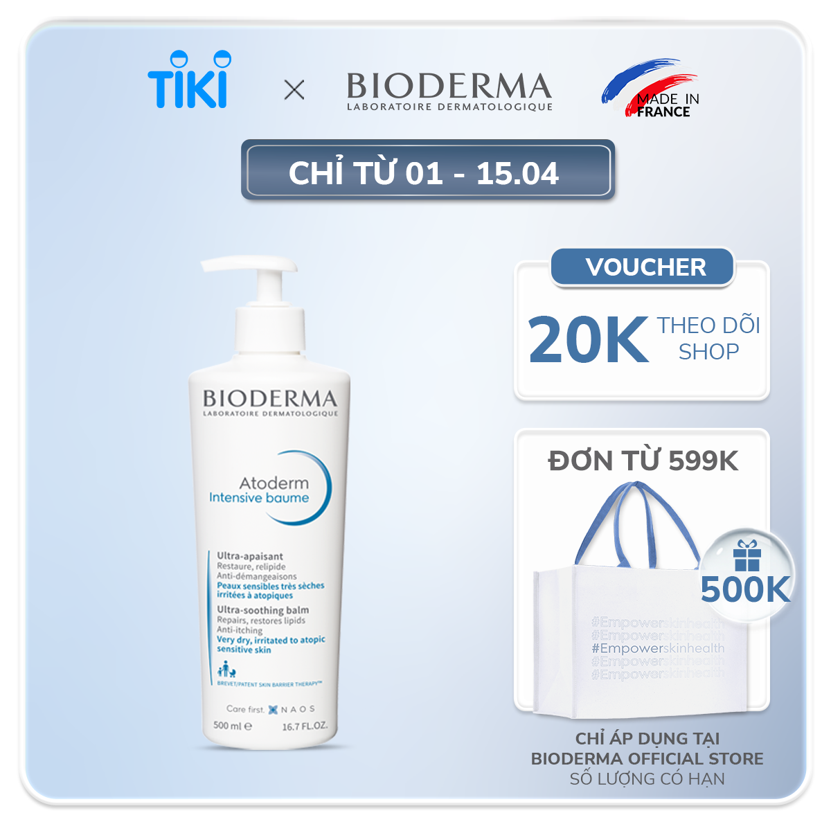 Kem dưỡng ẩm chuyên sâu cho da rất khô và viêm da cơ địa Bioderma Atoderm Intensive Baume - 500ml