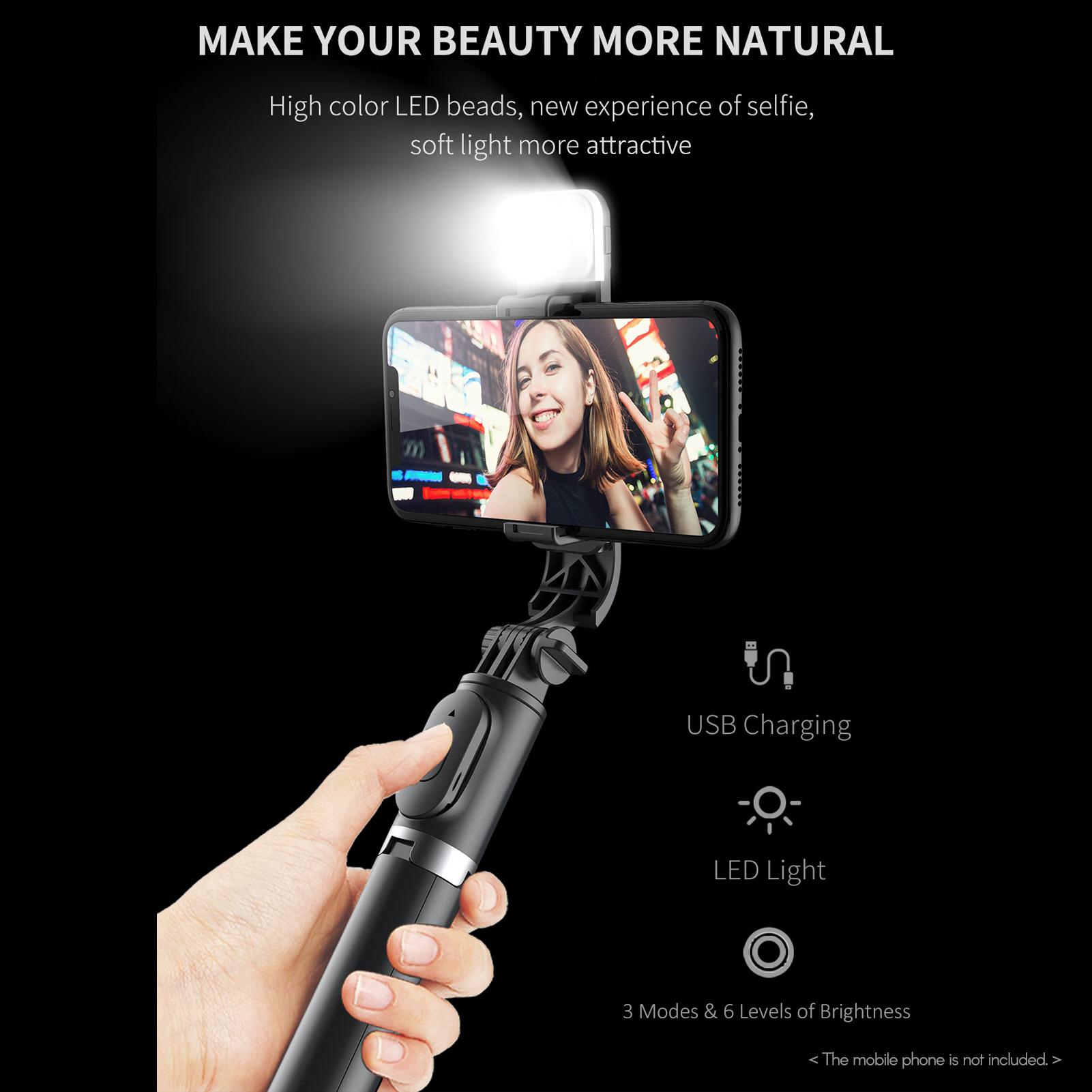 Multifunctional Wireless BT Selfie Stick Portable Extendable Tripod Stand with Fill Light 104.5cm Max. Length Remote
