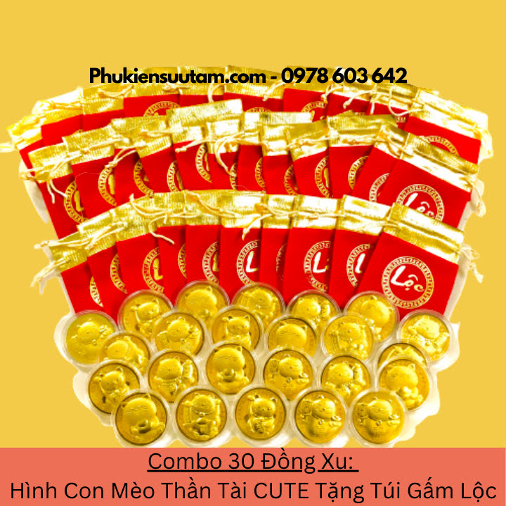 Combo 30 Đồng Xu Hình Con Mèo Thần Tài CUTE Tặng Túi Gấm Lộc, đường kính: 4cm, màu vàng - SP005932