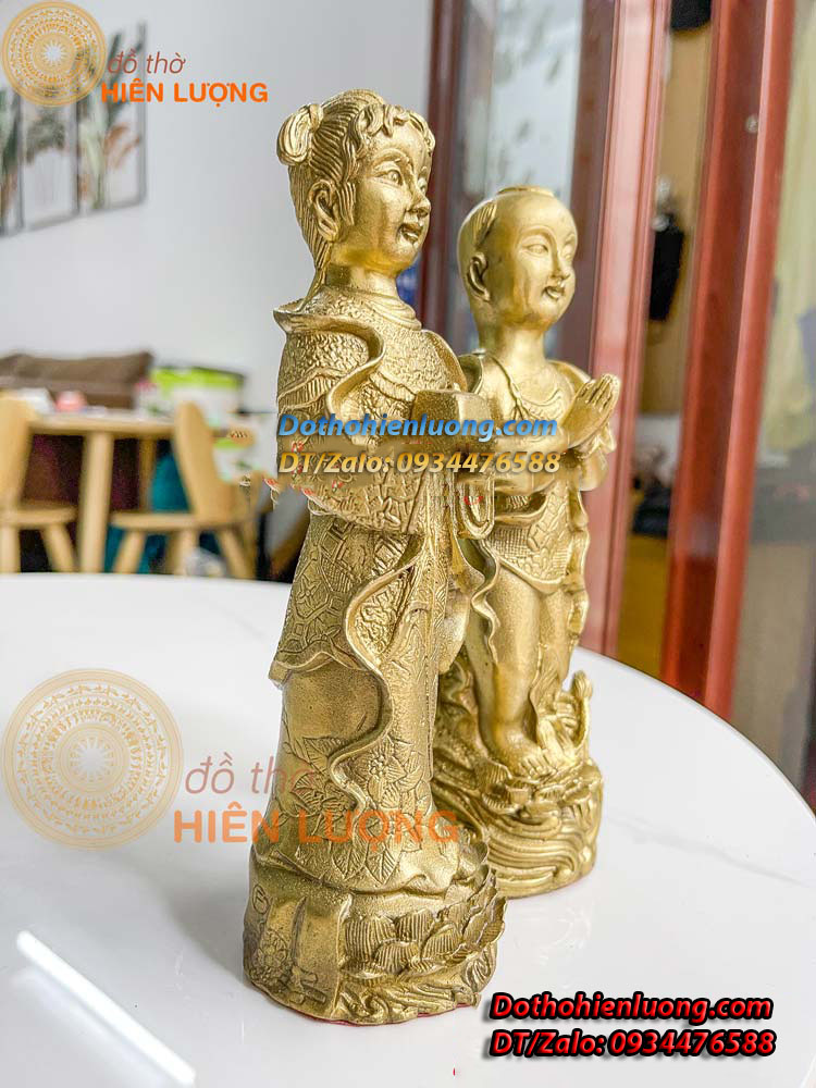 Tượng Tiên Đồng Ngọc Nữ Bằng Đồng Vàng Nguyên Chất Cao 19cm Đẹp Phong Thủy - Đồ Thờ Hiên Lượng
