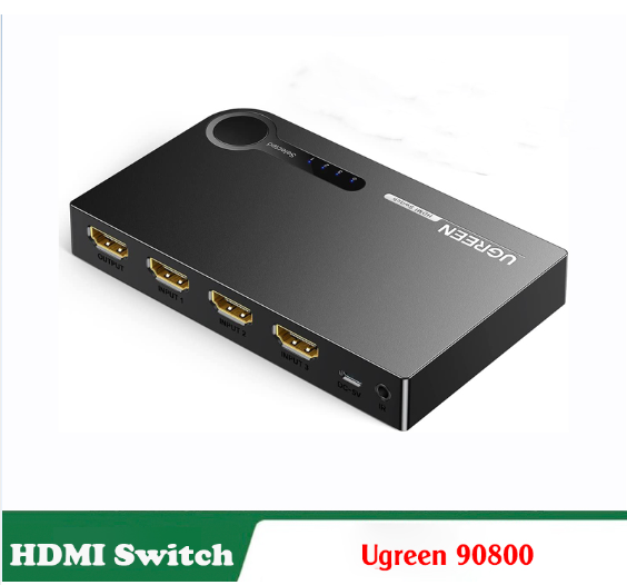 Ugreen 90800 4K60Hz Bộ gộp HDMI 2.0 3 vào 1 ra kèm cáp cấp nguồn USB-C dài 1M + remote cm598 - Hàng chính hãng