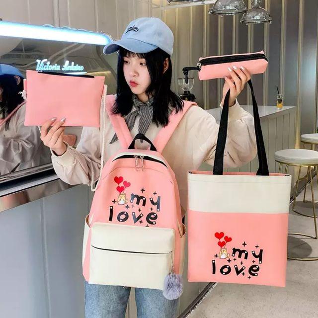 Cặp học sinh 4 món giá rẻ, cặp đi học 4 món, cặp học sinh nữ, ba lô nữ đẹp, balo MY LOVE