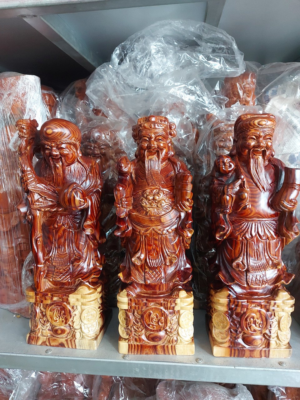 Bộ Tượng Tam Đa - Phúc Lộc Thọ gỗ Trắc dây nguyên khối vân siêu đẹp cao 40cm