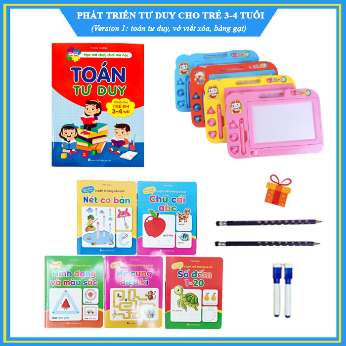 Combo phát triển tư duy cho trẻ 3 - 4 tuổi - Version 1 (Toán tư duy 3-4t, bảng gạt thông minh, vở viết xóa, tặng 2 chì, 2 bút viết xóa)