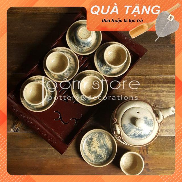 Ấm chén men giả cổ dáng vại vẽ sơn thủy