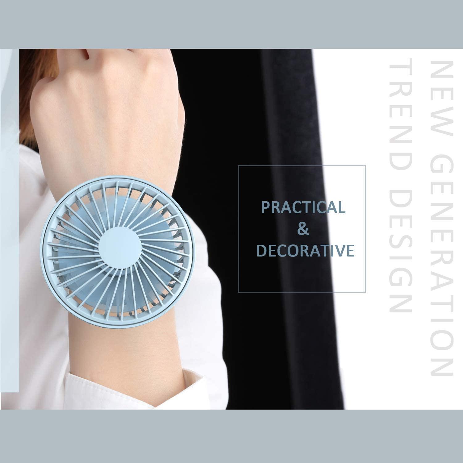 Quạt cổ tay mini cá nhân, Quạt bỏ túi 3 tốc độ với dây đeo cổ tay có thể điều chỉnh, sạc USB có thể tháo rời