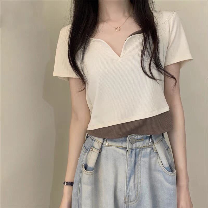 Áo croptop nữ ngắn tay phối màu độc đáo chất liệu len tăm thấm hút mồ hôi tốt áo croptop cổ v cách điệu phù hợp đi chơi