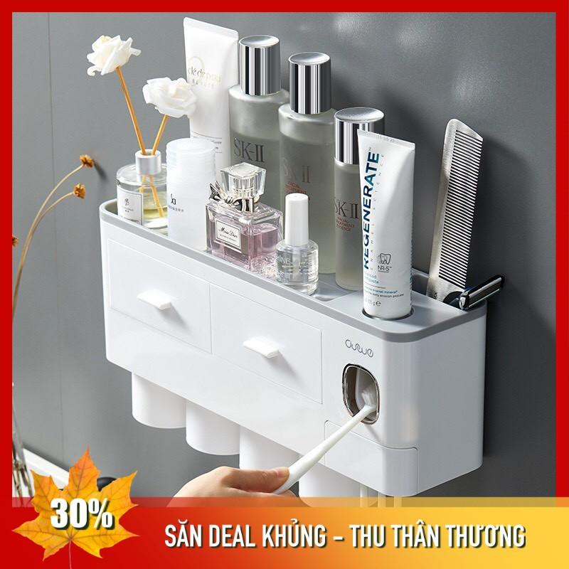 Kệ Nhà Tắm Thông Minh I Kèm cốc hút từ tính + Bộ nhả kem đánh răng tự động I Dán tường