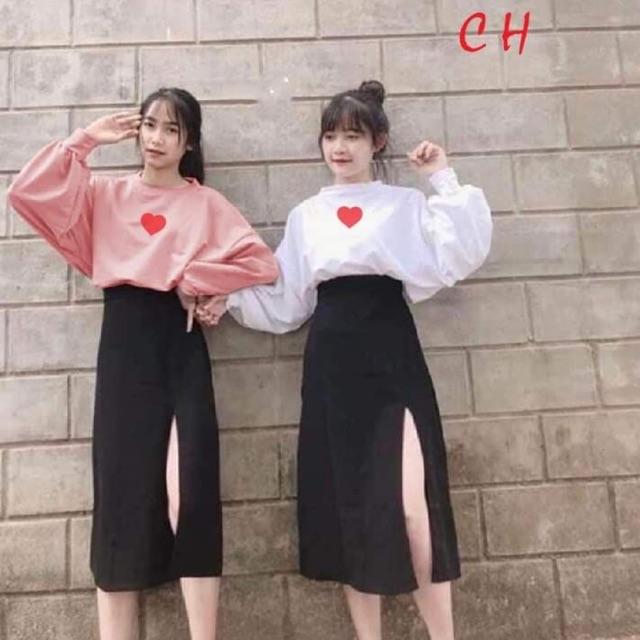 Sét áo tim bo tay + chân váy xẻ COH877