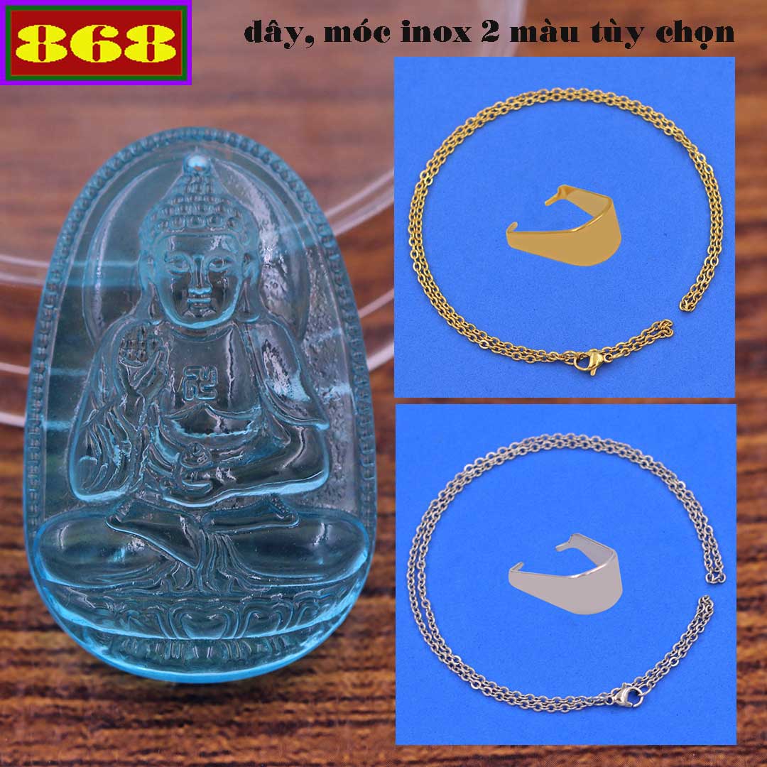 Dây chuyền inox Phật A Di Đà đá Pha lê xanh biển - Phật hộ mệnh tuổi Tuất, Hợi - Size phù hợp cho nam và nữ
