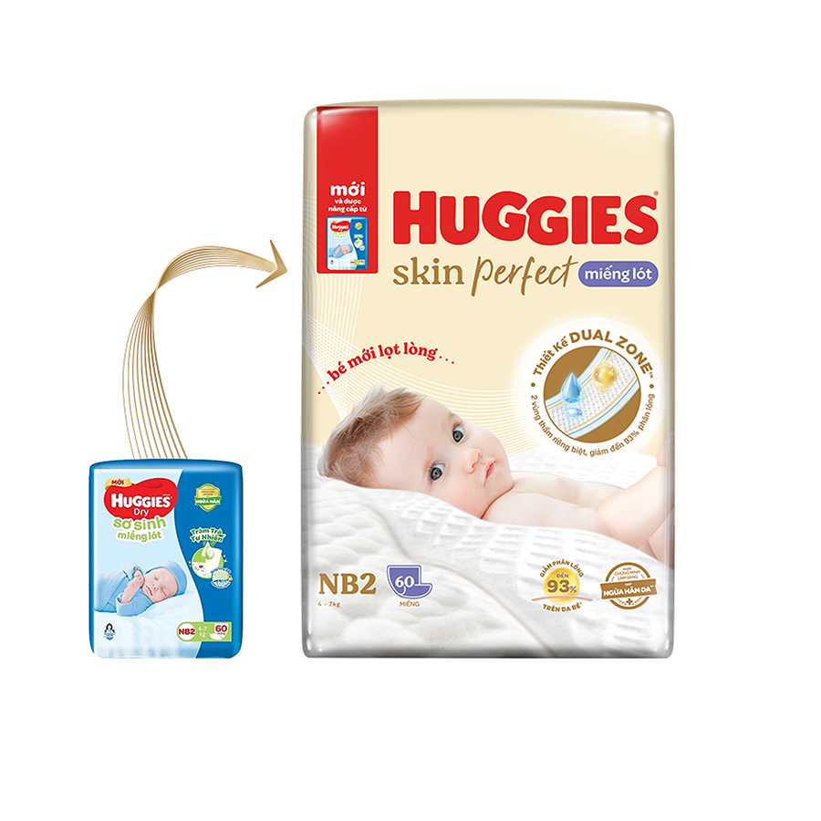 Miếng lót sơ sinh Huggies Skin Perfect NB2 60 miếng với 2 vùng thấm giảm kích ứng da