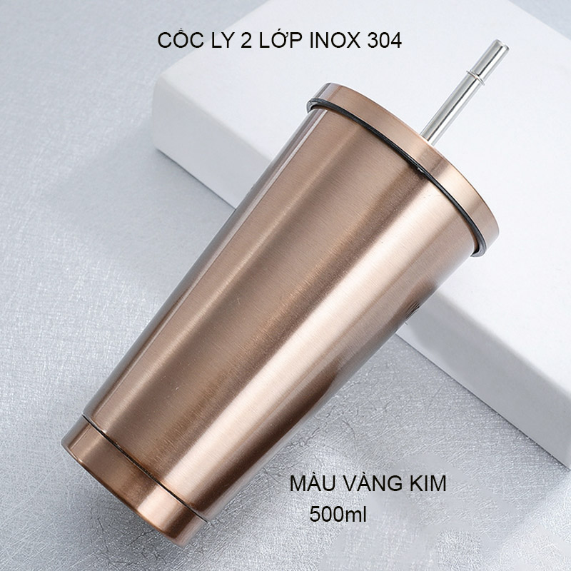 Cốc Ly 2 lớp inox 304 CR500, chống nóng, có nắp và ống hút, cỡ lớn 500ml, dùng được trên xe hơi