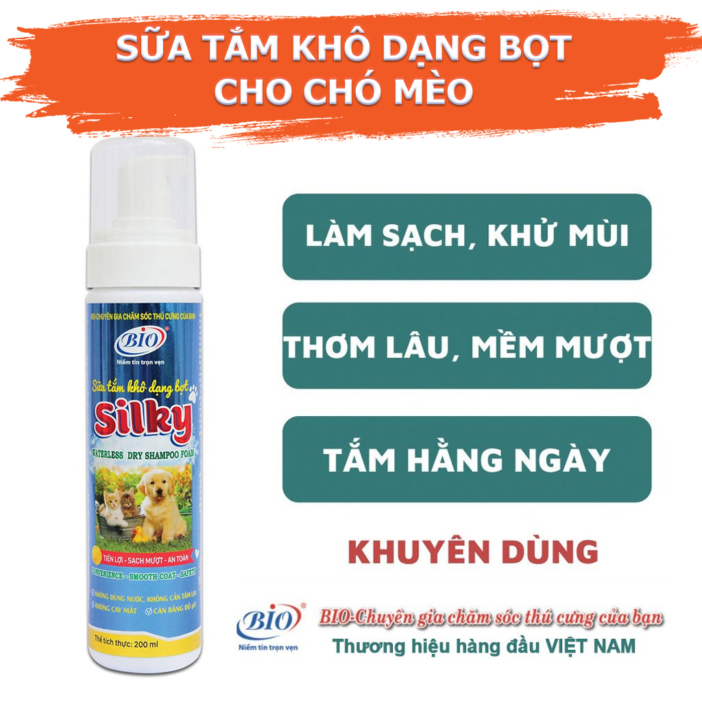 Bọt Tắm Khô Cho Chó Mèo, Sữa Tắm Khô Dạng Bọt Bio Silky 200ml