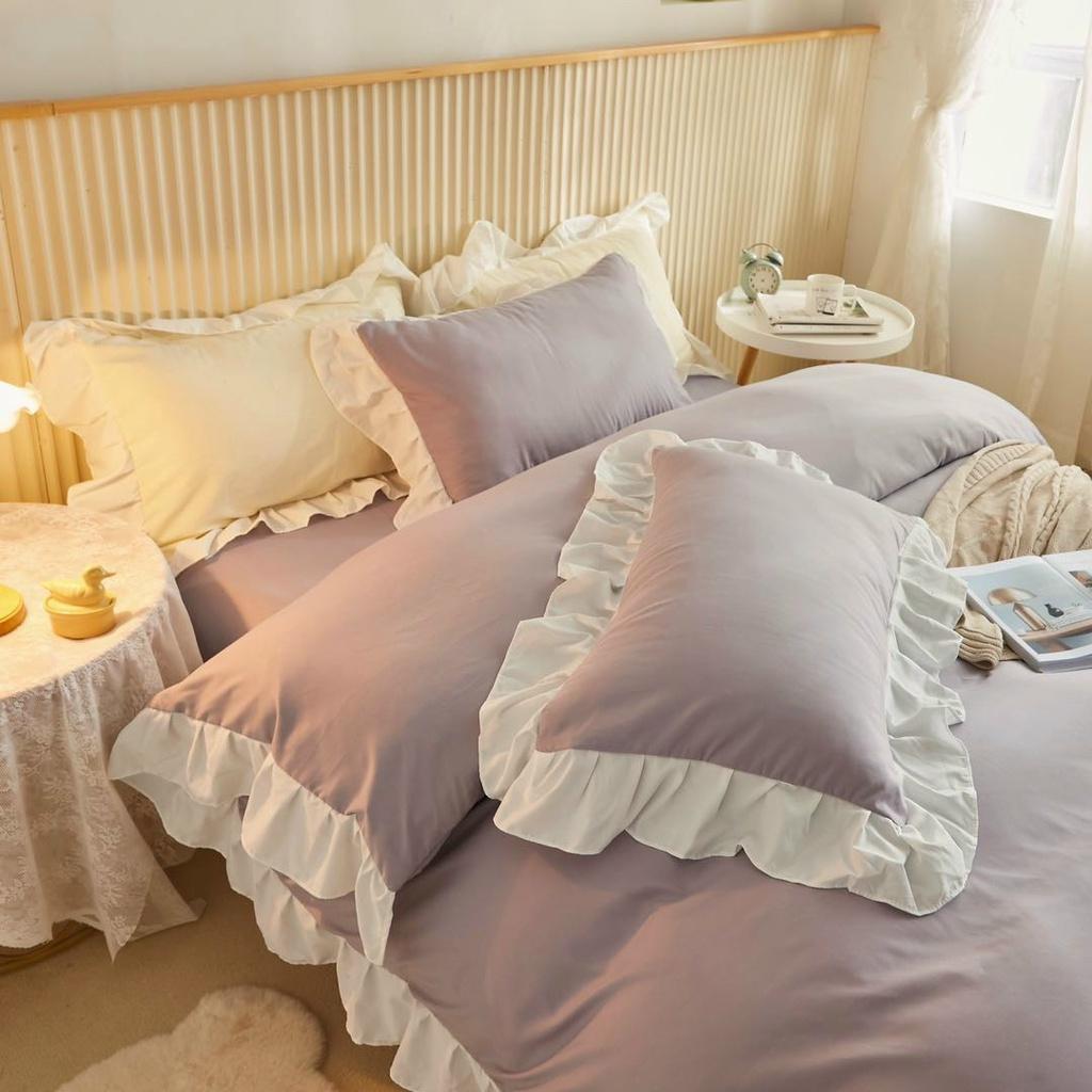 Bộ Chăn Ga Gối Cotton Tici Riềm Bèo Tím Nhạt
