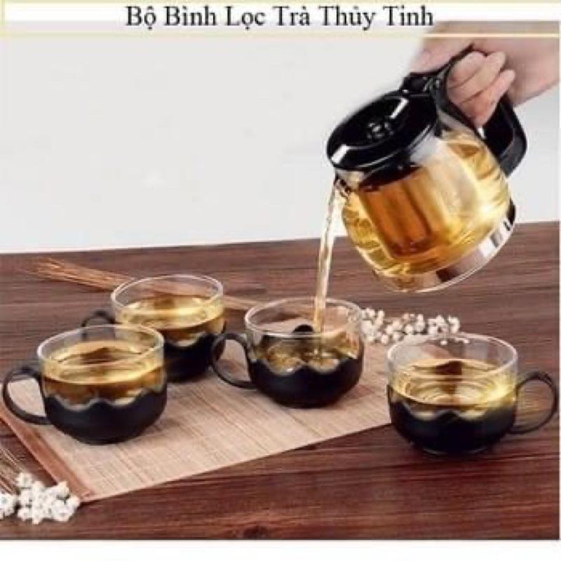 COMBO Bình lọc trà thủy tinh 4 cốc tặng khay úp cốc giả gỗ