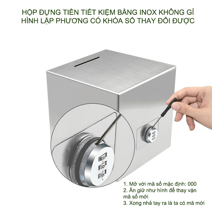 Hộp tiết kiện tiền có khóa số bằng inox 201 không gỉ, hình lập phương có nhiều kích cỡ cho khách lựa chọn