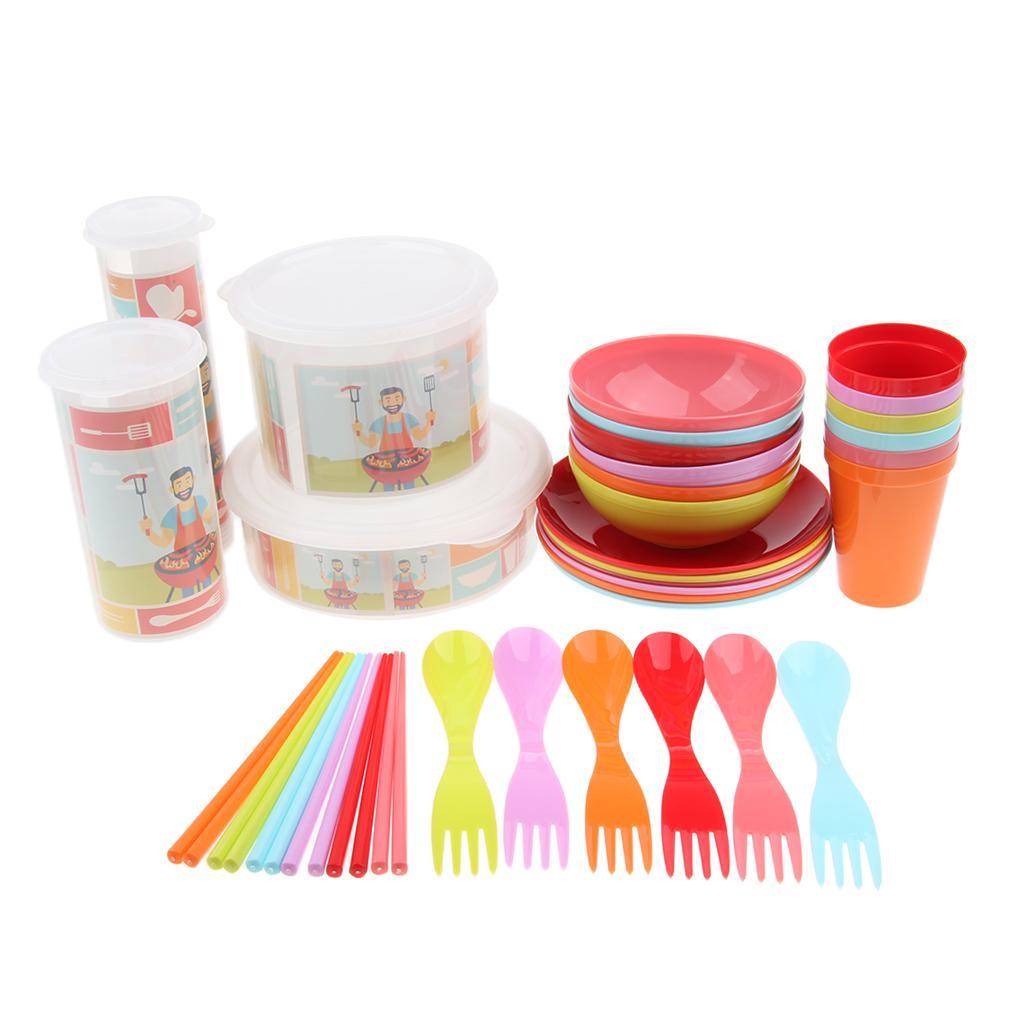 Reusable Plastic Dinnerware Set  – Hard Plastic Plates, Bowls & Cupss – Camping Hiking Picnic BBQ Tableware Set