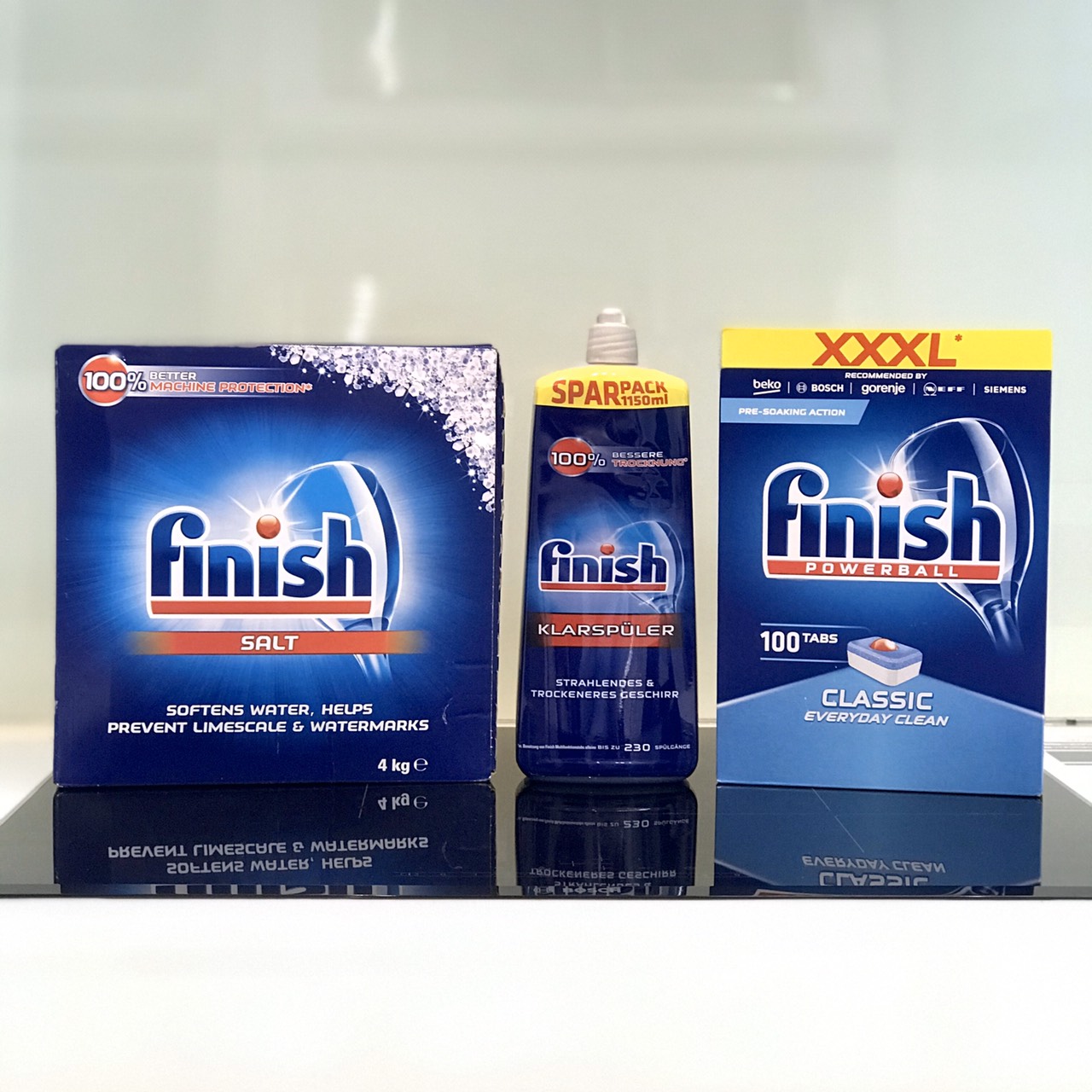 Combo Viên rửa bát Finish Classic 100 viên + Muối Finish 4.0kg + Nước làm bóng Finish 1150ml