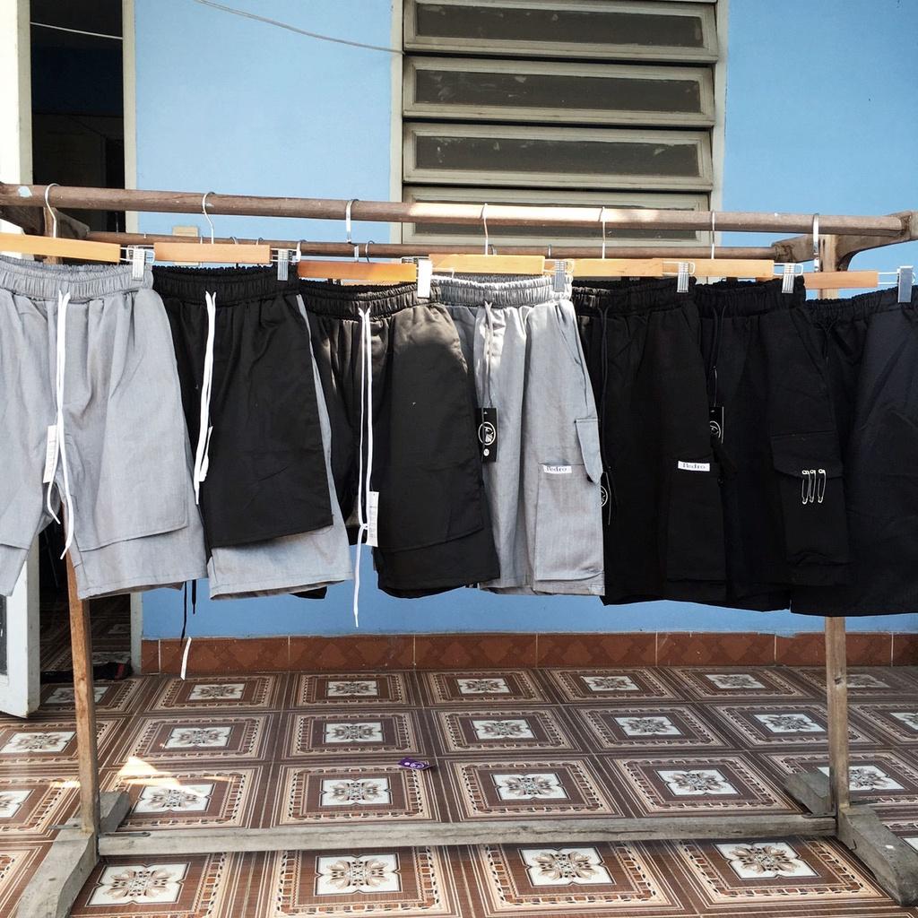 Quần Short Kaki Túi Hộp khóa dây nai nam - Sọt Lững Kiểu Dáng Thể Thao Unisex một Màu Đen 03x.