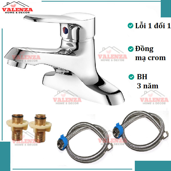 Vòi chậu lavabo nóng lạnh 2 chân Valenza 1402 chất liệu đồng thau mạ crome cho chậu rửa mặt 3 lỗ, chân ốc đồng kèm dây cấp nước inox-Nước chảy mạnh