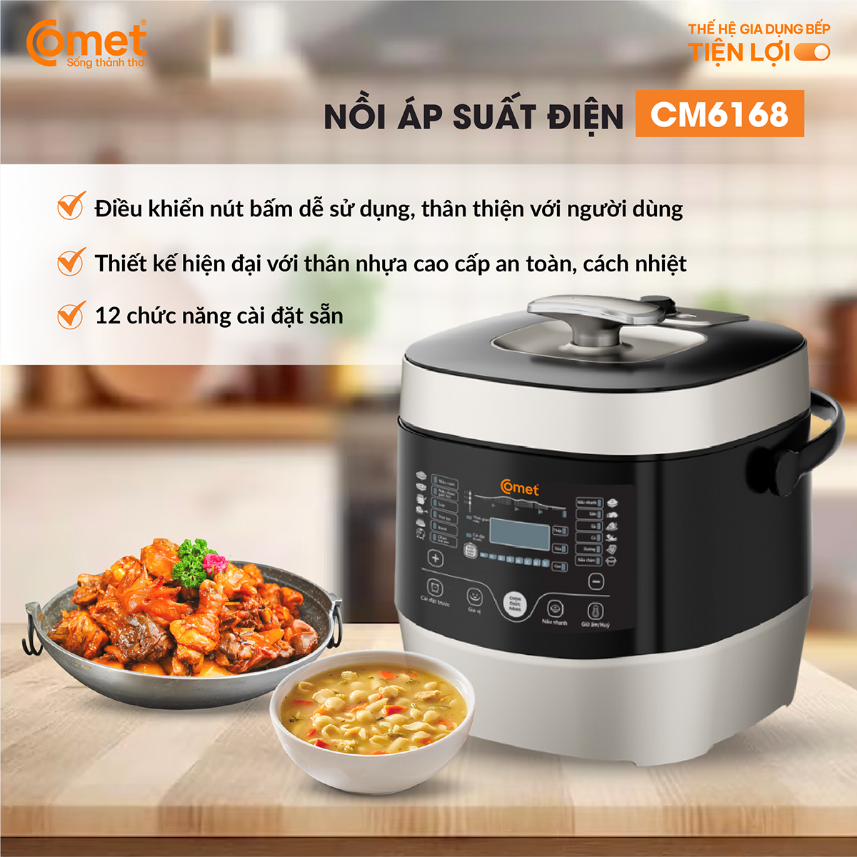 Nồi áp suất điện tử đa năng 6 lít Comet CM6168 – bảng điều khiển điện tử, chống dính, tiết kiệm điện – Hàng chính hãng