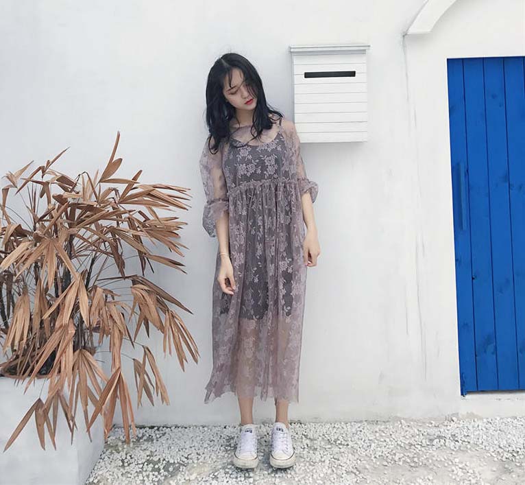 Đầm ren tay chuông hoa văn Mã: DA5109 - NÂU