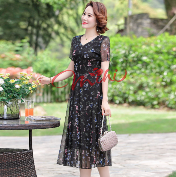 Váy đầm trung niên nữ cho mẹ Voan 2 lớp V74 - Áo đầm dáng dài cho bà, cho người lớn tuổi trung tuổi thời trang mùa hè đẹp cao cấp sang trọng dự tiệc dạ hội U40 U50 U60 U70 giá rẻ Bigsize cho người mập size lớn