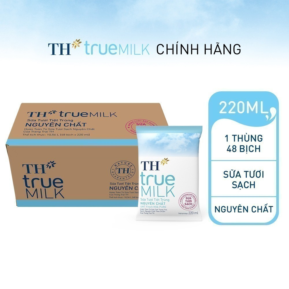 Thùng 48 bịch sữa tươi tiệt trùng TH True Milk  nguyên chất 220 ml