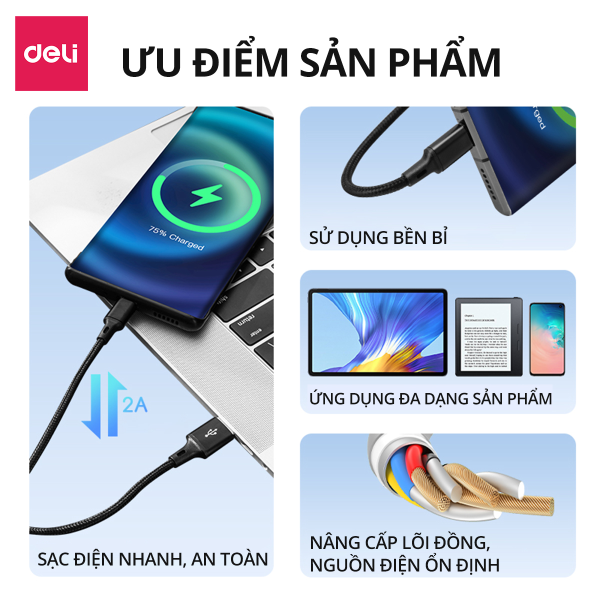 Cap sạc điện thoại DELI- Cap sạc nhanh hàng chính hãng chống cháy nổ VS6032