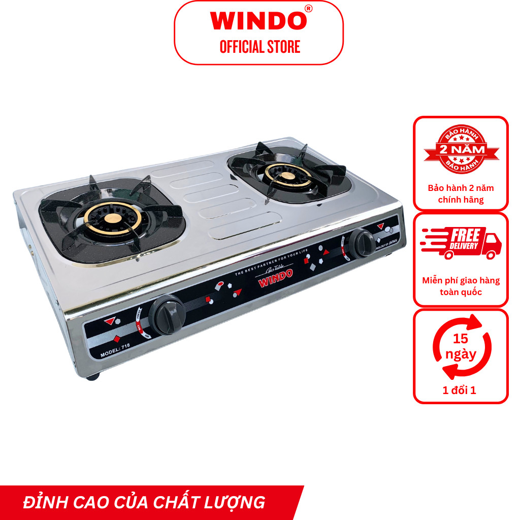 Bếp Gas Đôi Để Bàn Mặt Inox WINDO - 718 PHI 100 | Tiết kiệm gas | Bảo hành 24 tháng- Hàng Chính Hãng