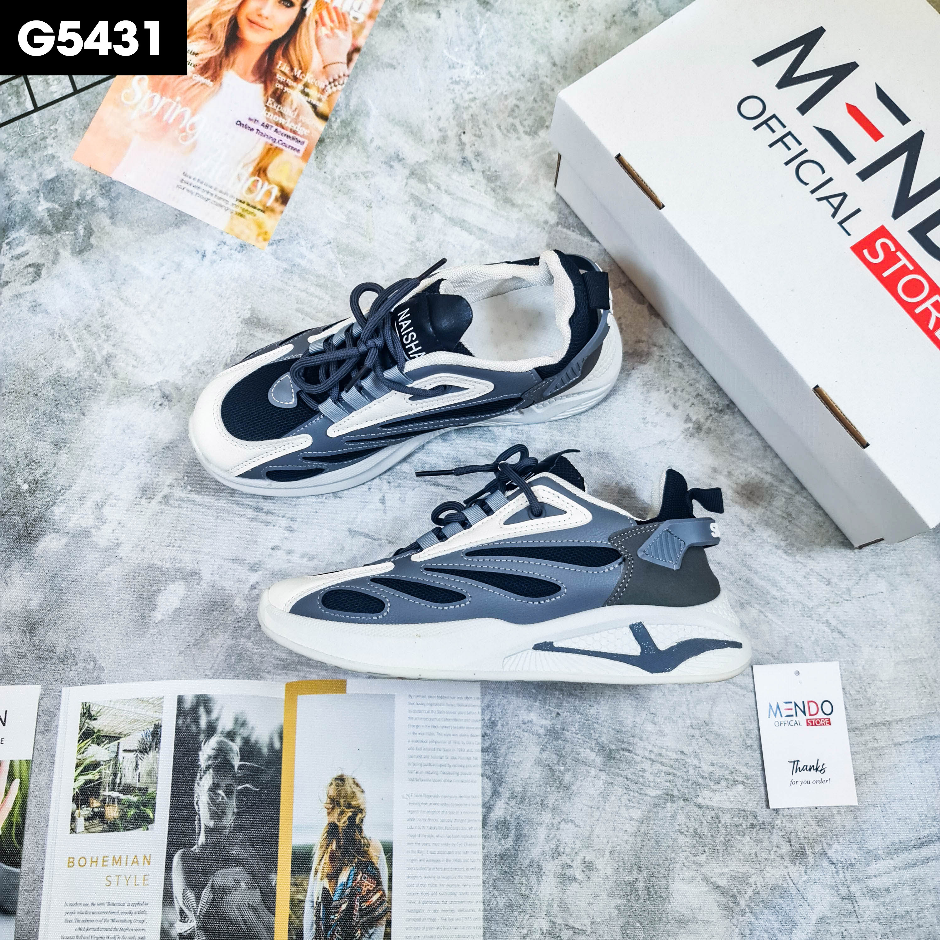 Giày Thể Thao Nam MENDO - Giày Sneaker Màu Trắng - Xám, Đế Giày Chạy Bộ Chống Sốc - G5436