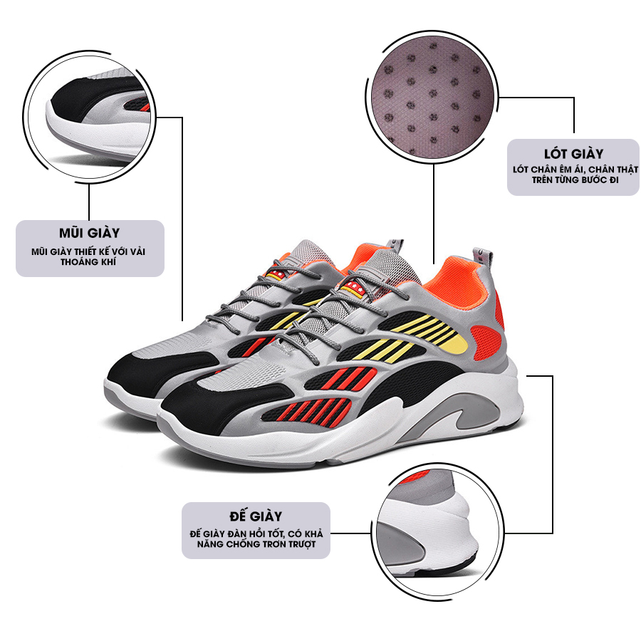 Giày Thể Thao Nam GEMI - Giày Sneaker Màu Xám - Đen Viền Xám, Giày Thể Thao Vận Động,Bảo Vệ Chân - G5155