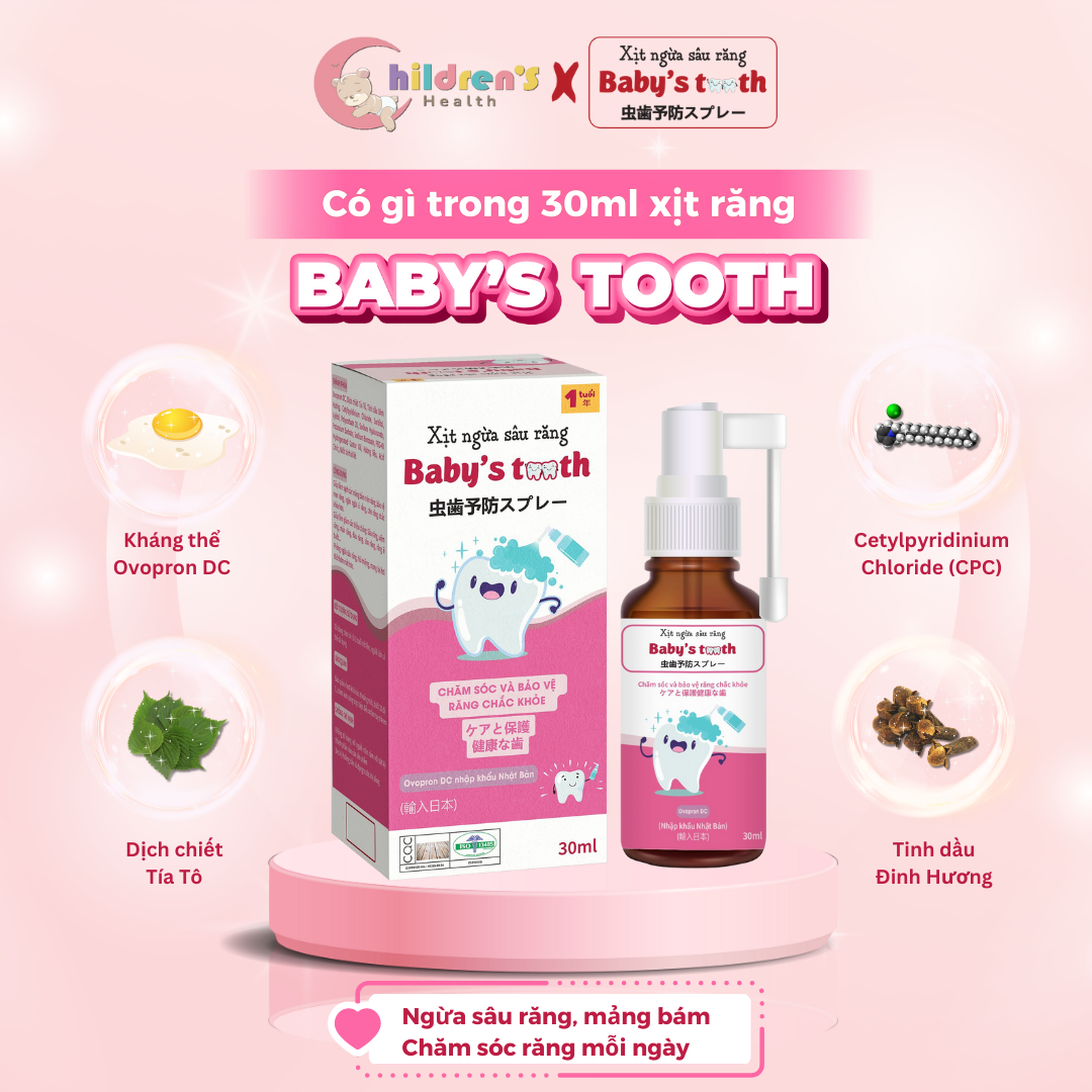 Xịt sâu răng Baby's Tooth cho bé Nhật Bản, kem đánh răng nuốt được, xịt chống ngừa sâu răng, hôi miệng, ố vàng, hà mủn, sáng răng trẻ em