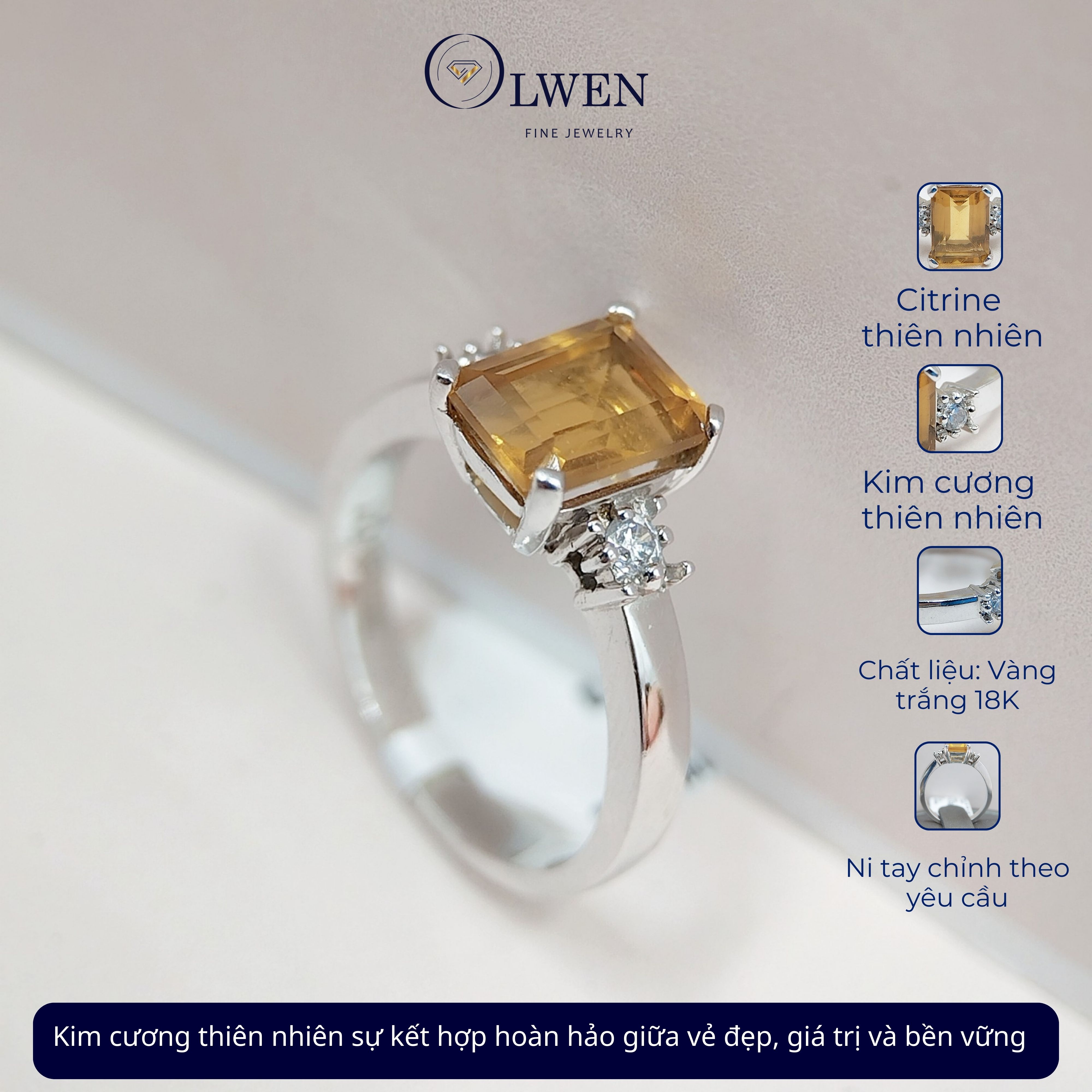 Nhẫn Citrine chữ nhật 18K HK Olwen HA-SJ000026